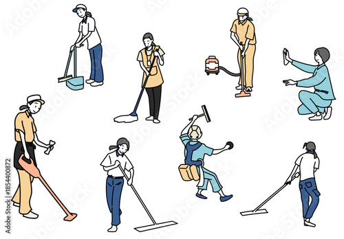 清掃スタッフがモップや清掃用具を使って作業する様子を描いた手描き風イラストセット｜ビル清掃や施設管理の現場で働く人々を複数ポーズで表現した業務イメージ素材