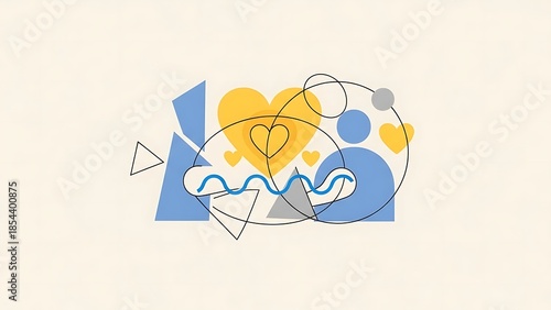 Abstract illustration of interconnected shapes and symbols representing connection and well-being.