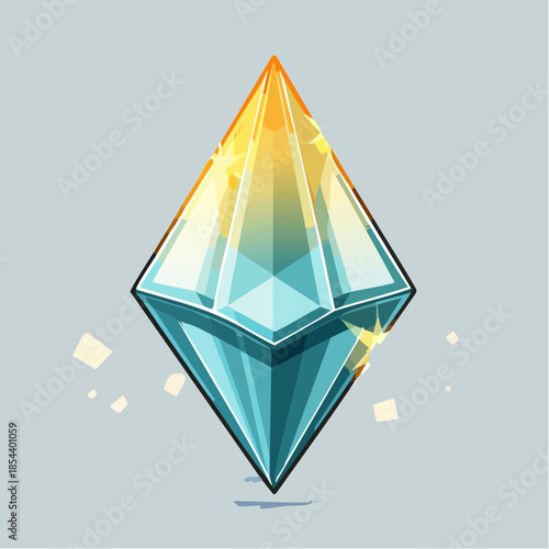 Stylized crystal with a blue base and yellow top, emitting sparkles.