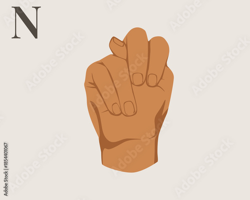 Hand Sign Language Letter N Vector. American Sign Language ASL Alphabet Vector. Editable Vector