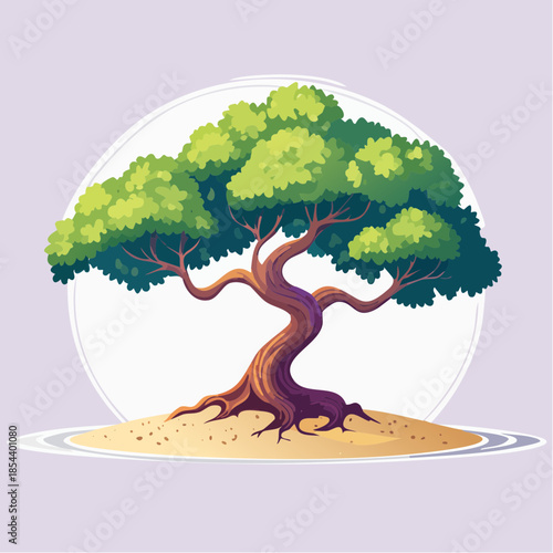 Stylized illustration of a lush tree with a winding trunk on a sandy island, set against a light purple background.