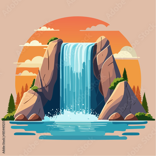 A picturesque waterfall cascading down rocky cliffs into a serene pool, set against a vibrant sunset.