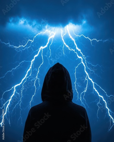 Mysterious Figure in Hooded Cloak Confronts a Dramatic Lightning Storm with Electric Blue Strikes on Night Sky