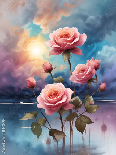 Beautiful painting in HDR of pink roses in a lake during sunset