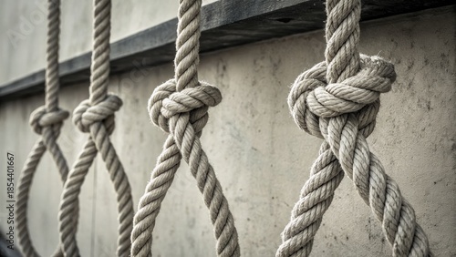 Strong rope knots line up against concrete wall showing texture and detail with focus on back haul cost and sturdy construction