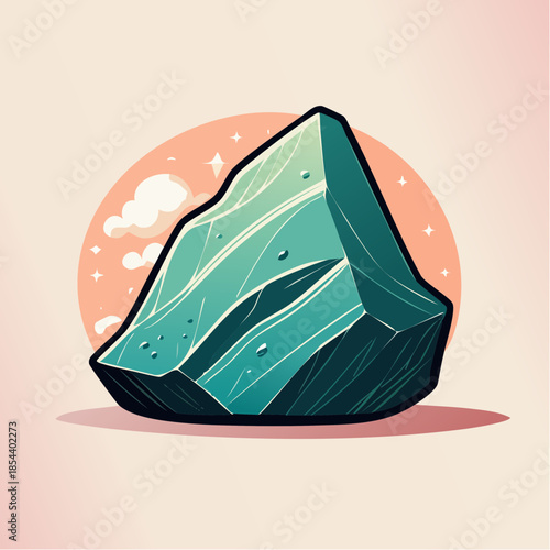 Illustration of a teal-colored rock with a cartoonish style and a soft background.
