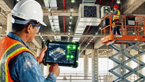 Construction worker on orange lift performing task on ceiling in unfinished building