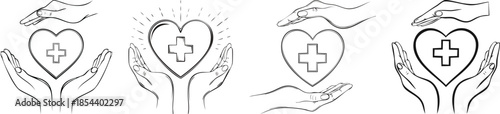 Medical heart care icon bold line art hand support cross healthcare compassion symbol
