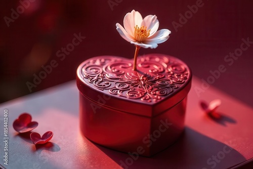 Wallpaper Mural A delicate white blossom emerges from a heart-shaped crimson box, adorned with intricate swirling designs, resting on a rich red surface; two small heart-shaped petals lie nearby. Torontodigital.ca