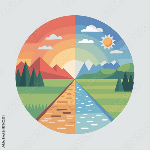 Flat vector of landscape changing seasons left to right, simple geometric style