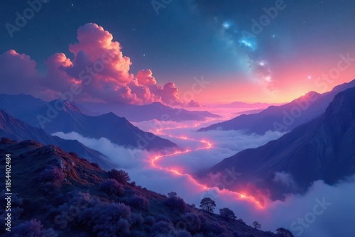Wallpaper Mural Serene Sunset Over Misty Mountain Valley with Glowing River and Starry Sky Torontodigital.ca