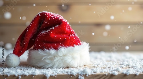 Wallpaper Mural A Festive Red Hat Adorned with Winter's Delicate Snowflakes, Resting on a Wooden Surface Torontodigital.ca