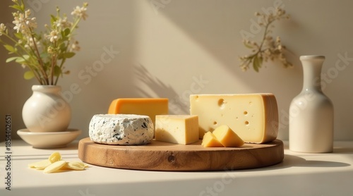 Wallpaper Mural A sunlit tableau of assorted cheeses arranged on a wooden board, complemented by delicate floral arrangements and elegant ceramic vessels. Torontodigital.ca