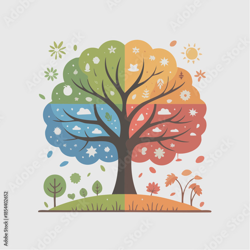Minimal vector showing four seasons in one tree, simple flat design, balanced colors