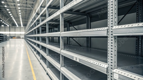 Empty warehouse shelf with industrial metal rack in large storage facility showing back haul cost impact on inventory management efficiency