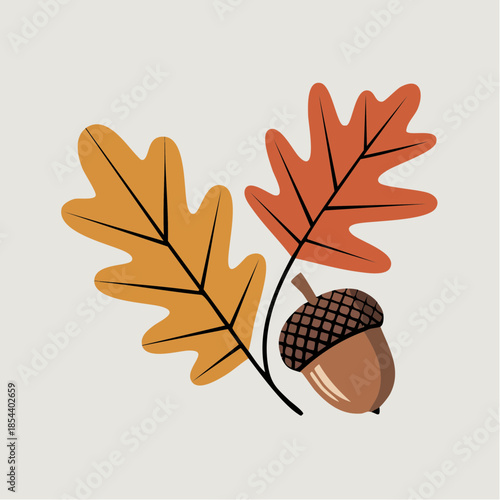 Minimalist vector of acorn and dry leaves, fall season, clean line art