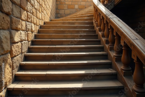 Wallpaper Mural Stone Steps Ascending a Curved Staircase with Wooden Balustrade and Stone Wall Torontodigital.ca