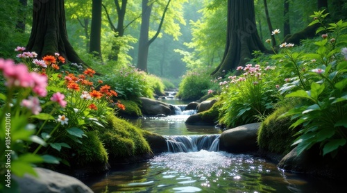 Wallpaper Mural Serene Stream Flowing Through a Lush Forest Landscape, Adorned with Vibrant Blossoms and Mossy Rocks Torontodigital.ca