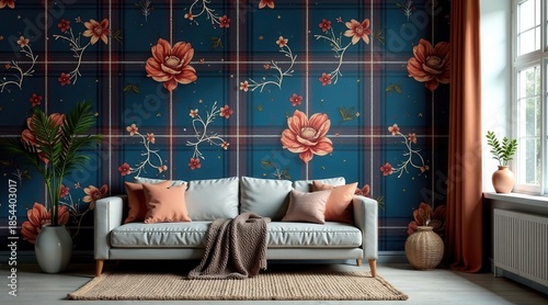 Wallpaper Mural A Luxurious Living Room Design Featuring a Teal Plaid Wallpaper Accentuated with Delicate Floral Motifs and a Light Gray Sofa Torontodigital.ca