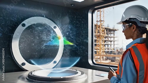 A person in hard hat and safety vest views a 3D holographic display of brain made of various mechanical components near an ongoing construction site