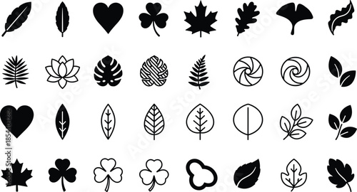 Large collection of leaf and heart vector icons featuring maple oak fern and tropical foliage silhouettes for nature design.