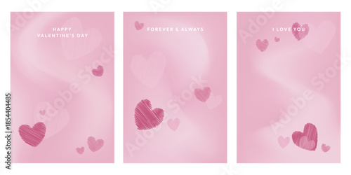 soft pink valentine’s day card set featuring gentle heart illustrations and romantic phrases like happy valentine’s day, forever and always and i love you. romantic backgrounds.