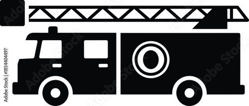 Black flat vector silhouette icon of a fire truck with ladder for emergency rescue services firefighting department equipment isolated on white background.