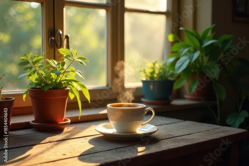 Wallpaper Mural Morning brew in sunlit space, potted plants adorn window sill, peaceful ambiance Torontodigital.ca