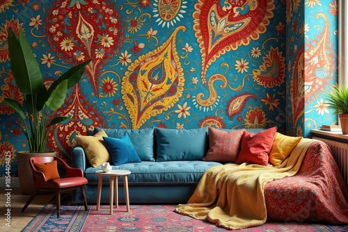 Wallpaper Mural Vibrant paisley wall covering adorns a living room, complemented by a teal sofa, richly textured throw blankets, and decorative pillows, creating a warm and inviting atmosphere. Torontodigital.ca