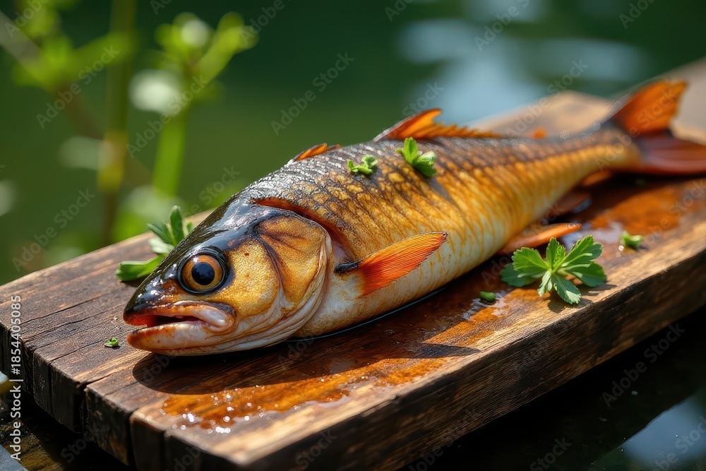 custom made wallpaper toronto digitalA perfectly cooked fish rests on a rustic wooden board, adorned with fresh herbs, bathed in sunlight
