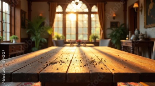 Wallpaper Mural Golden Sunlight Illuminates a Rustic Wooden Table in a Room with Large Windows and Indoor Plants Torontodigital.ca