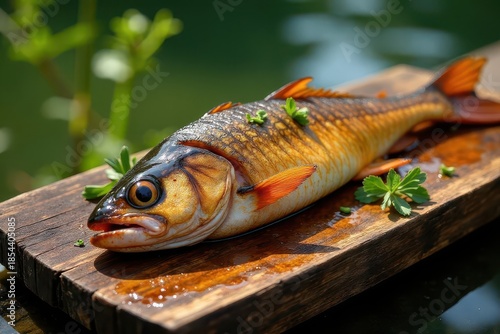 Wallpaper Mural A perfectly cooked fish rests on a rustic wooden board, adorned with fresh herbs, bathed in sunlight Torontodigital.ca