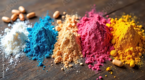 Wallpaper Mural Vibrant Powder Supplements and Capsules Arranged on Rustic Wooden Surface for Nutritional Enhancement Torontodigital.ca