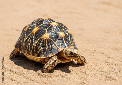 Tortoise walking on sandy beach with intricate shell patterns