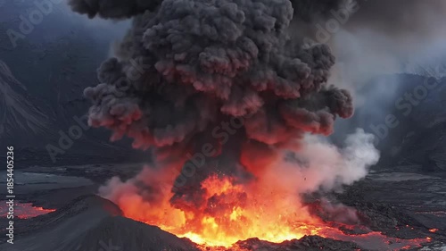 Violent Eruption of a Volcanic Crater with Molten Lava and Ash Plumes
