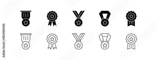 Reward Badge and Medal Icon Set in Line Style with Editable Strokes