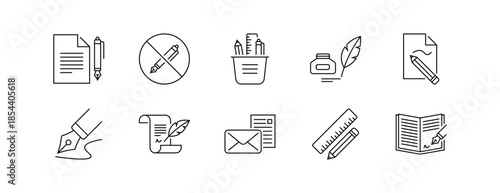 Writing and Document Icon Set with Tools and Instruments in Line Style