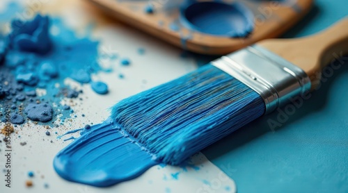Close-up view of a paintbrush laden with vibrant blue paint, resting on a palette with spilled paint and pigment powder
