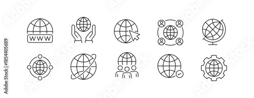 Worldwide and Global Connection Icon Set with Networking and Internet Symbols in Editable Line Style