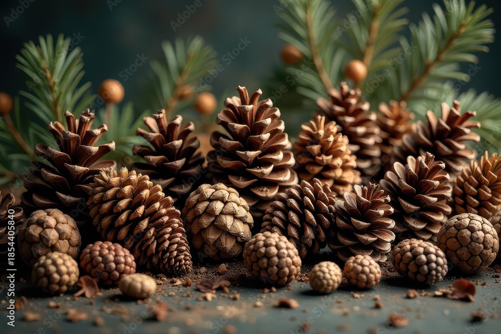 Fototapeta premium A captivating arrangement of various pine cones and evergreen branches, showcasing the natural beauty and intricate details of these woodland treasures.