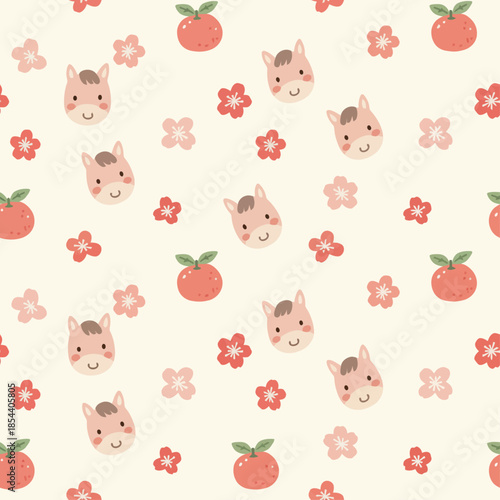 Seamless Doodle Pattern with Horse and Tangerines for CNY 2026