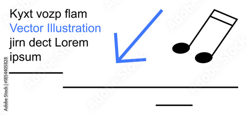 Music, education, design, creativity, direction, communication. Blue arrow points to black musical notes with placeholder text and lines. Music and education concept for learning and visual