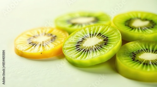 Close-up view of vibrant yellow and green kiwi fruit slices arranged on a light surface
