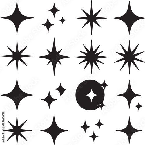 Magic light decoration graphic.Y2K stars set. Blinking stars, sparks and sparkles shape in retro futuristic stile silhouette vector illustration