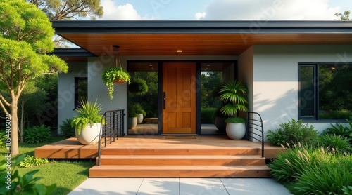 Modern Home Exterior with Wooden Deck and Steps, Lush Landscaping, and Hanging Plants