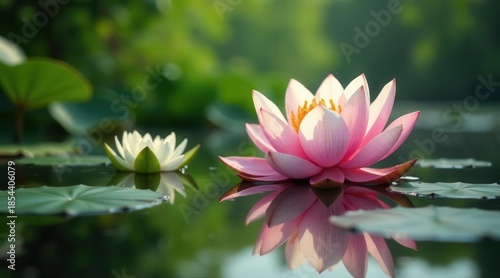 Serene aquatic blossoms reflecting in tranquil water, a peaceful scene of nature's beauty and gentle harmony.