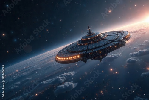 A Futuristic Spaceship Soars Above a Planet's Cloud Cover, Illuminated by Distant Stars and a Setting Sun, a Breathtaking View of Interplanetary Travel