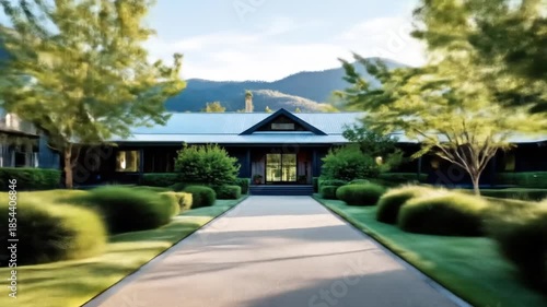 A grand residence with long driveway flanked by trees and manicured landscaping, mountains in background