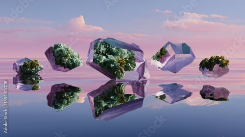 Stunning Crystals with Emerald Green Flora on Calm Reflection Surface