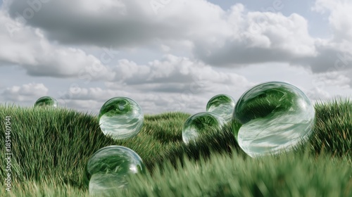 Glass Spheres on Lush Green Grass Under a Cloudy Sky